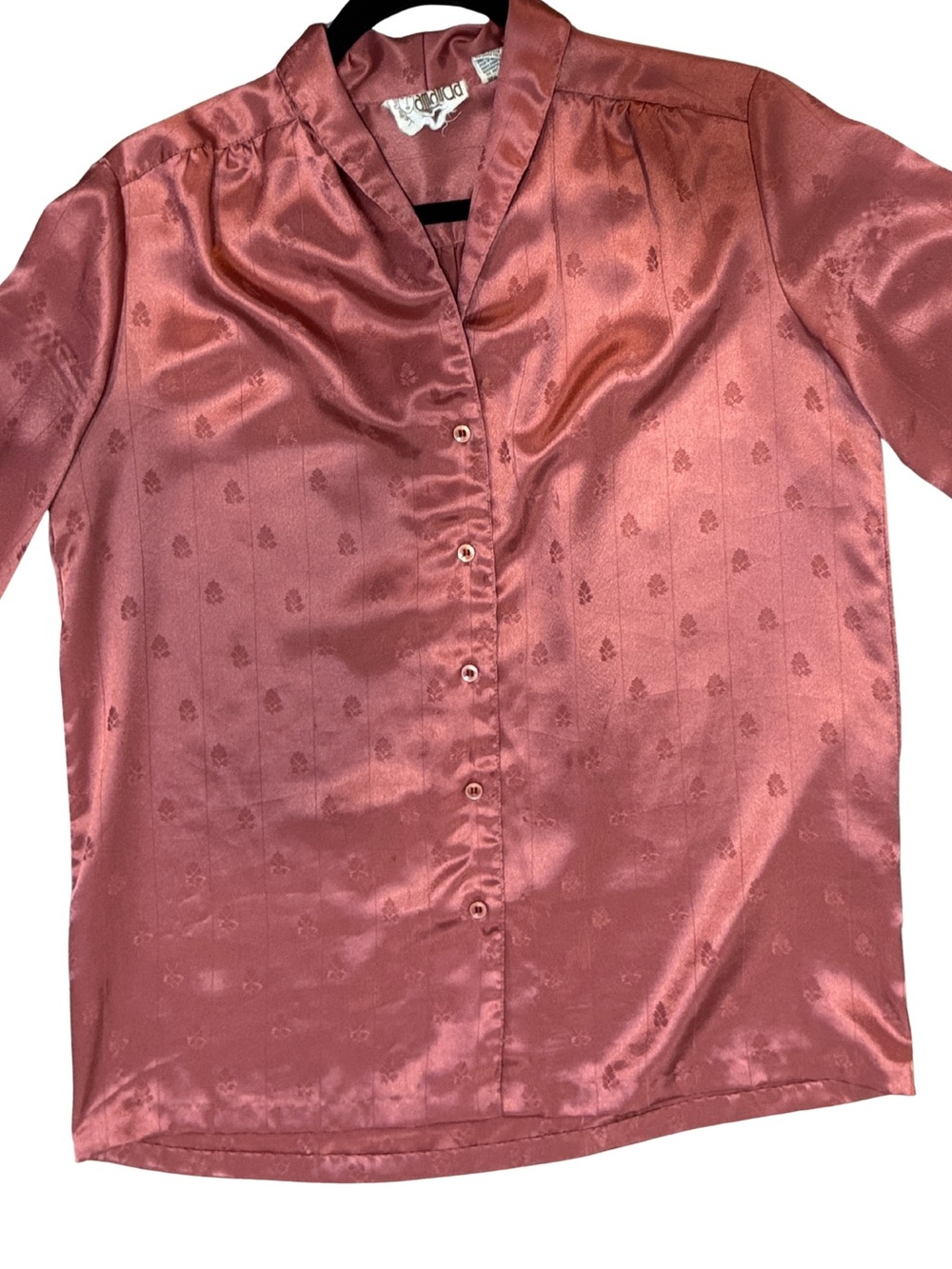 Vintage 80’s Satin Rose Button Up Blouse w/Subtle Jacquard Pattern Flowy Sleeves
